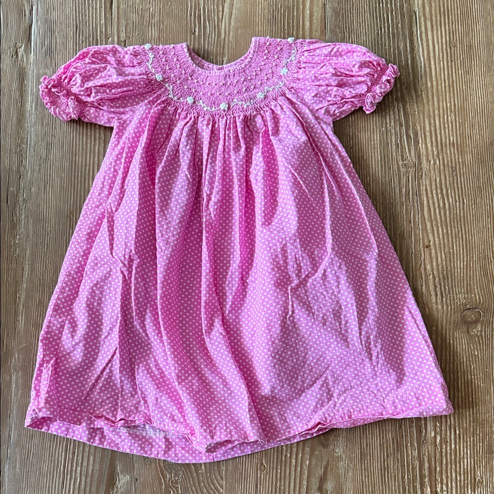 Pink Polka Dot Smocked Casual Dress for Girls